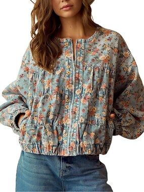 Blue Floral Quilted Bomber Jacket - Women's(chose color and size